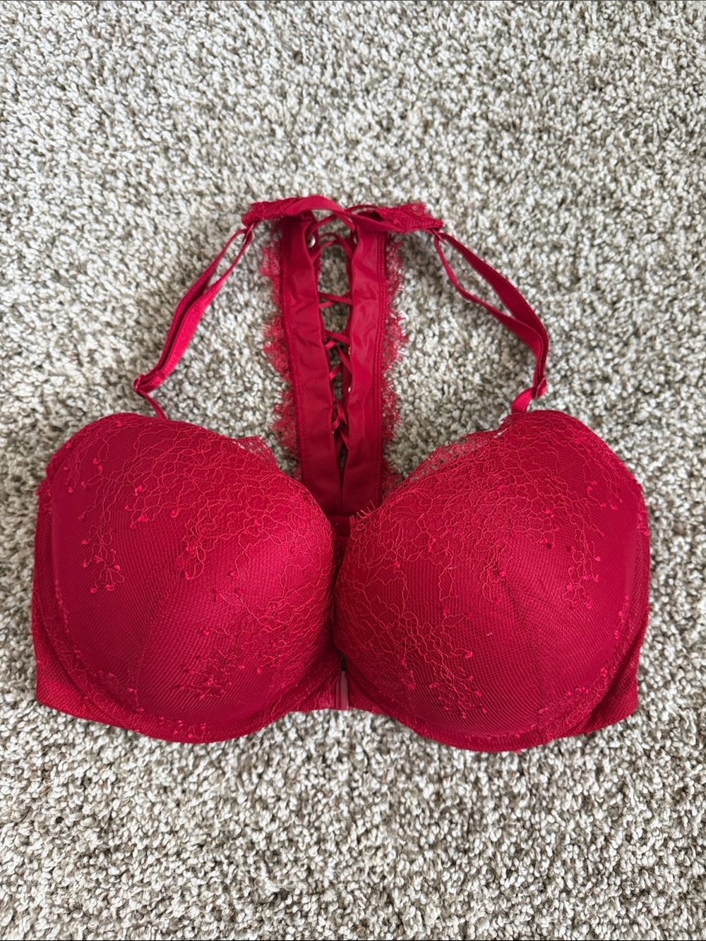 Victoria's Secret Red Lace snap front  Push-Up Racerback Bra